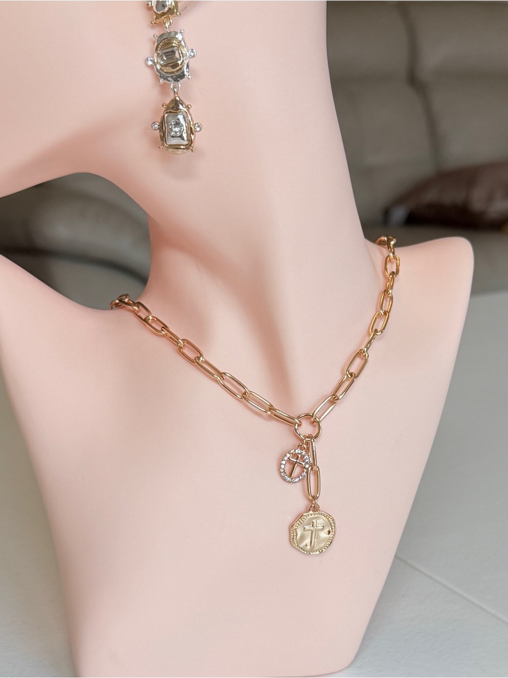 Gold-Tone Link Necklace with Cross Coin and Crystal Charm - Picture 4 of 10